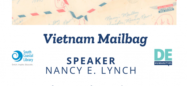 Poster announcing "Vietnam Mailbag" lecture by speaker Nancy E. Lynch on Tuesday, October 27 at 3:00 PM, featuring South Coastal Library and DE Humanities logos and a faded vintage airmail envelope background.