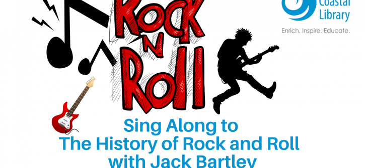Promotional poster for a South Coastal Library sing-along: bold "Rock n Roll" graphic with a jumping guitarist silhouette and musical notes; reads "Sing Along to The History of Rock and Roll with Jack Bartley — November 2 @ 3 pm | South Coastal Library."